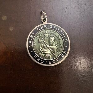 Vintage Surfer Saint Christopher Medal Guilloche Green & Navy Blue Enamel 1”